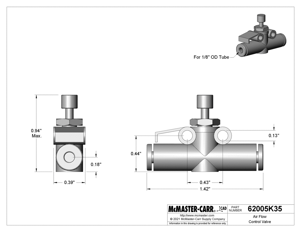 Technical Drawing of Air Flow Control Valve, 1/8" Push-to-Connect Female Inlet Gender.